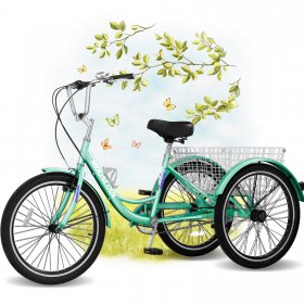 Lilypelle 24in Adult Tricycle 1-Speed ,3 Wheel Bicycles with Baskets,Adult Trike 350 Weight Capacity for Senior,Woman,Man,Cyan